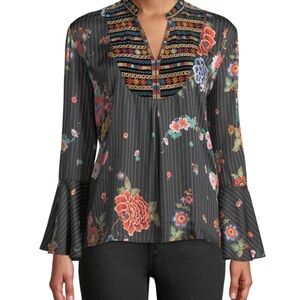 Johnny Was Biya 3J Workshop JWLA Stripe Velour Embroidered Blouse Tunic